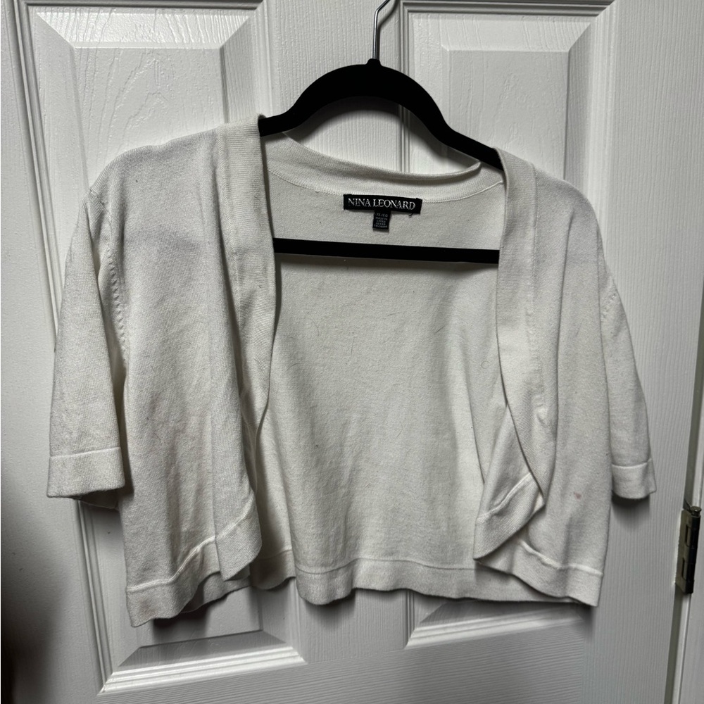 Nina Leonard White Cropped Open-Front Short Sleeve Cardigan